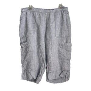 FLAX Blue Plaid 100% Linen Cropped Pants Pockets Lagenlook